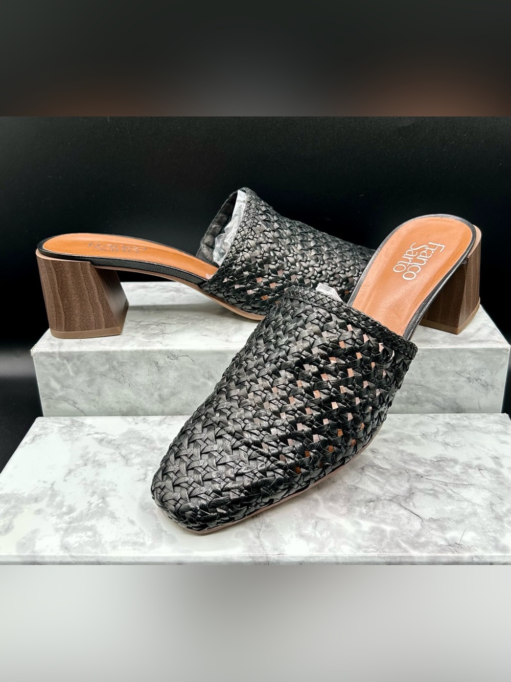FRANCO SARTO Neo 3 Woven Block-Heel Mules Black Leather. Size 10 M